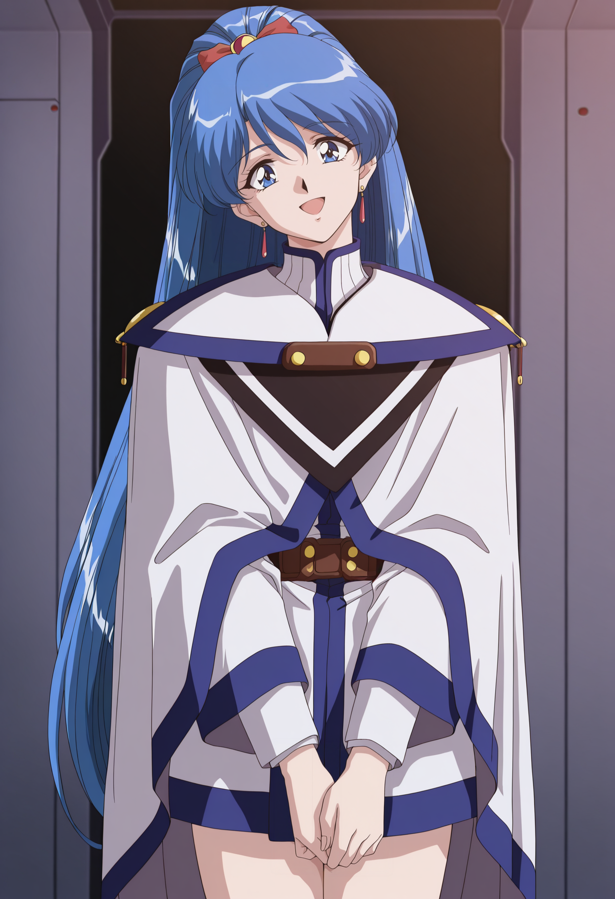 anime coloring, retro artstyle, 1990s \(style\), 1girl, very long hair, blue eyes, blue hair, high ponytail, ribbon, earrings, cloak, hands together, smile, open mouth, indoors, looking at viewer, head tilt, science fiction,  cowboy shot,  <lora:sayaka_melty:1>, masterpiece, best quality, amazing quality, very aesthetic, absurdres, highres, newest