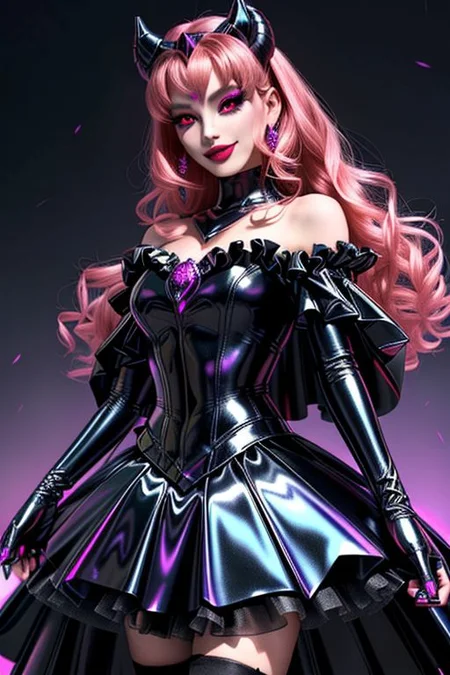 EvlSM, MEvil, Bad_End_Precure, DarkPrecure, adult, evil corrupted blonde princess wearing dark pastel (ruffled:1) (gleaming latex:1) gown with (long latex cape:1) and latex elbow gauntlets, soft lighting, ruffles,
(red eyes, colored skin, glowing eyes, evil smile:1),
(makeup, lipstick, mascara, eyeshadow:1),
<lora:more_details:0.5>,