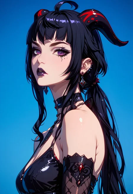 score_9, score_8_up, score_7_up, score_6_up, score_5_up, score_4_up score_9,score_8_up, (anime, masterpiece, intricate:1.3), (best quality, hires textures, high detail:1.2), (4k),(incredibly detailed:1.4), GOthGirlST, Gothic, Goth girl, realistic illustration, partially illuminated, GLSHS, 1girl, ganyu, black hair, long hair, low ponytail, ahoge, horns, earrings, goth makeup, chocker, necklace, sexy goth outfit, serious expression, cosplay, side view, focus from side, looking at viewer, pale skin, nsfw, posing, unique angle,