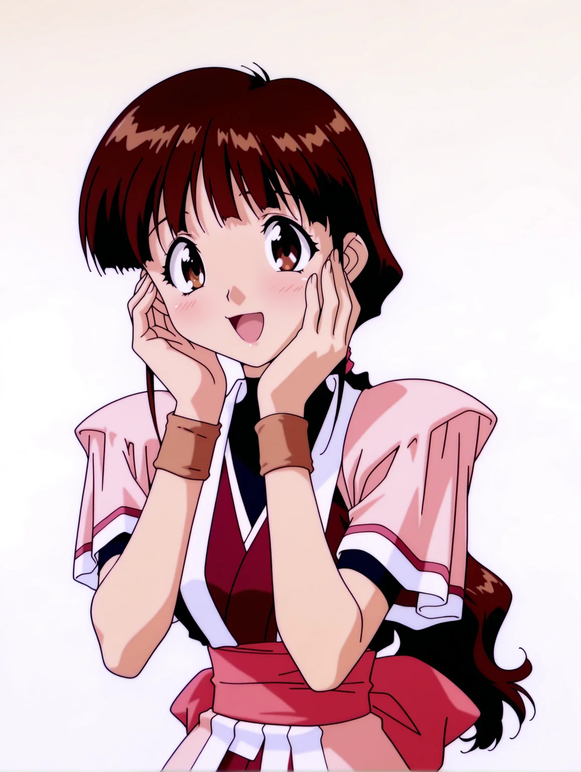 masterpiece,best quality,amazing quality,
1girl,solo,
anime screencap,<lora:yume_ilxl_v1.0:1>,yume,brown hair,brown eyes,low ponytail,
y_clothes,long hem,short_sleeves,wristband,
<lora:Fixhands_anime_bdsqlsz_V1:1>,looking_at_viewer,white_background,simple_background,upper_body,hands on own cheeks,:d,light_blush,blush,standing,