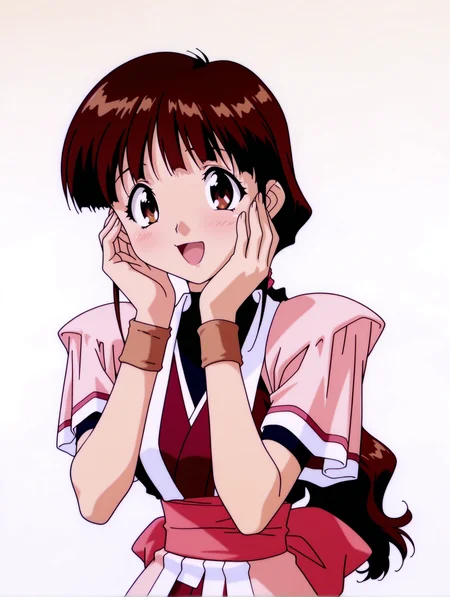 masterpiece,best quality,amazing quality,
1girl,solo,
anime screencap,<lora:yume_ilxl_v1.0:1>,yume,brown hair,brown eyes,low ponytail,
y_clothes,long hem,short_sleeves,wristband,
<lora:Fixhands_anime_bdsqlsz_V1:1>,looking_at_viewer,white_background,simple_background,upper_body,hands on own cheeks,:d,light_blush,blush,standing,