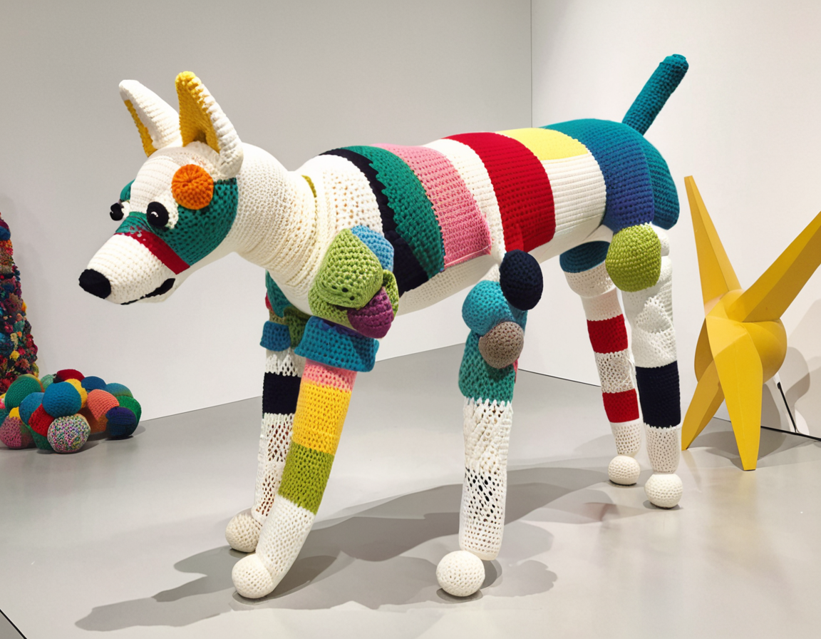 abstract installation with a crochet dog, 90sgumn <lora:90sgum_v0.0.2-cap-e30:1>