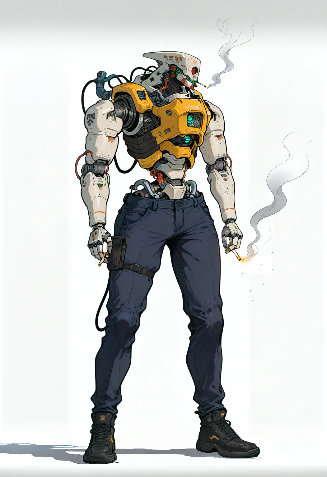 <lora:HeavyTechILXL:1> h3avyt3ch,
holding, robot, cigarette, cable, solo, humanoid robot, smoke, black footwear, mecha, smoking, standing, holding cigarette, no humans, pants, white background, full body, one-eyed, gradient background, masterpiece, best quality, amazing quality, intricate detail, highly detailed, absurdres, very aesthetic, dynamic lighting, detailed background, scenery, (volumetric lighting)