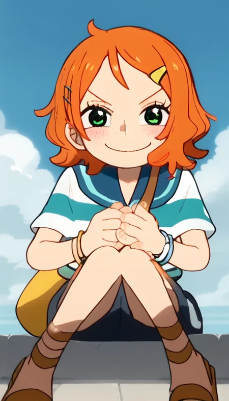score_9, 1girl, Nami's fangirl, orange hair, green eyes, short hair, striped shirt, blue sailor collar, sandals, hairclip, hair ornament, bracelet, looking at viewer, anime screencap, blush, smile, sky, clouds, <lora:One_Piece_Fan_Letter__Namis_Fangirl:1>  <lora:naip33:1>