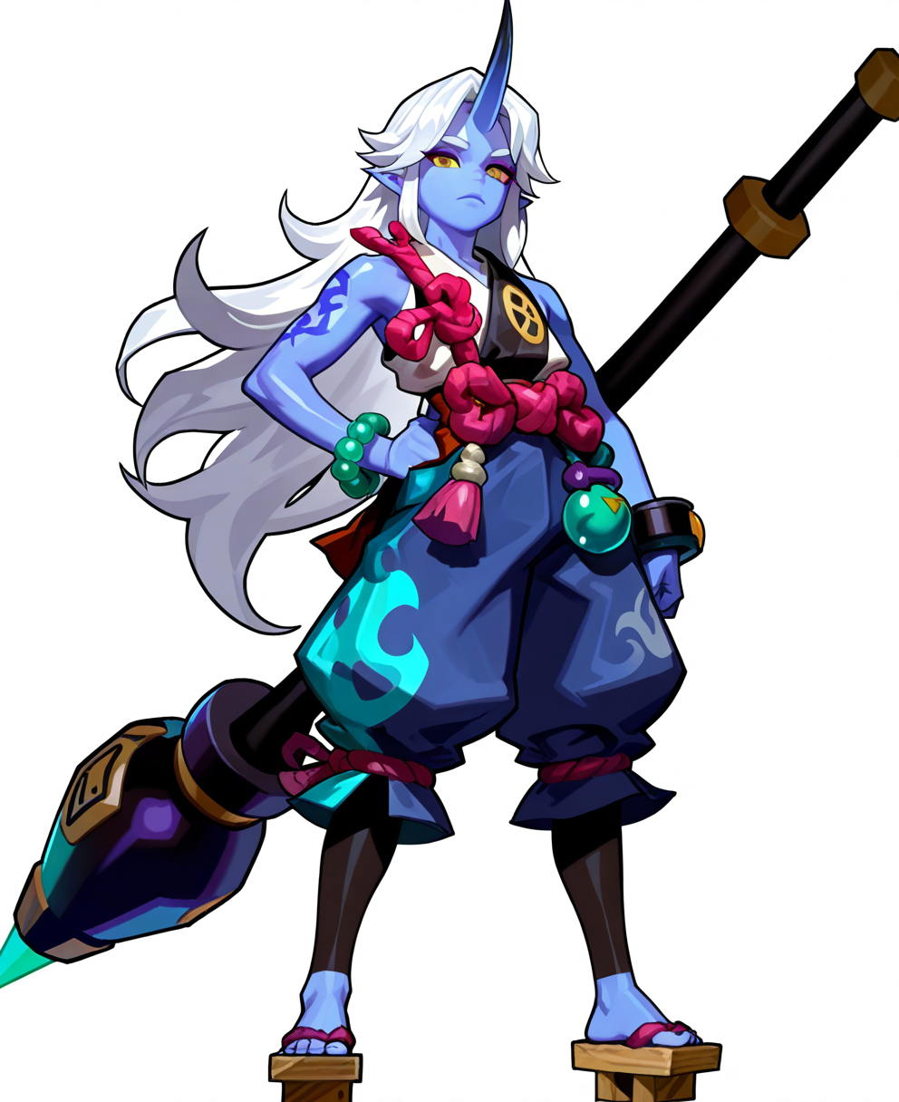 <lora:smashlegends:1> smashlegends,
(masterpiece), (best quality), (ultra-detailed), amazing quality, very aesthetic, illustration, perfect composition, intricate details, absurdres, incredibly absurdres, shiny skin, realistic,
 smashlegends, single horn, horns, blue skin, colored skin, solo, weapon, long hair, , geta, full body, bracelet, hand on own hip,  weapon, pointy ears, jewelry, puffy pants, white hair, standing, yellow eyes, looking at viewer, bead bracelet, 1boy, closed mouth, transparent background, simple background, tattoo, beads, male focus, pants, white background, blue pants, oni, bare shoulders, general
