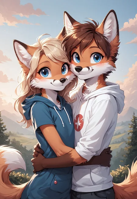 masterpiece, score_9_up, score_8_up, score_7_up, score_6_up, source_furry, (best quality:1.1), ultra-detailed, high resolution, highly detailed macro illustration, (good_hands), (duo) BREAK 1boy, anthro fox, fur, (blue eyes), short brown hair, flat chest, hoodie with print, switzerland BREAK 1girl, anthro fox, long blonde hair, fur, (cute face:1.3), slim, bottom heavy, adorable BREAK (cuddling a anthro fox:1.3), BREAK outside, nature, sunset, sharp focus, perfect lighting, anatomically correct, extremely detailed, high detail, detailed background, OverallDetail, zPDXL3