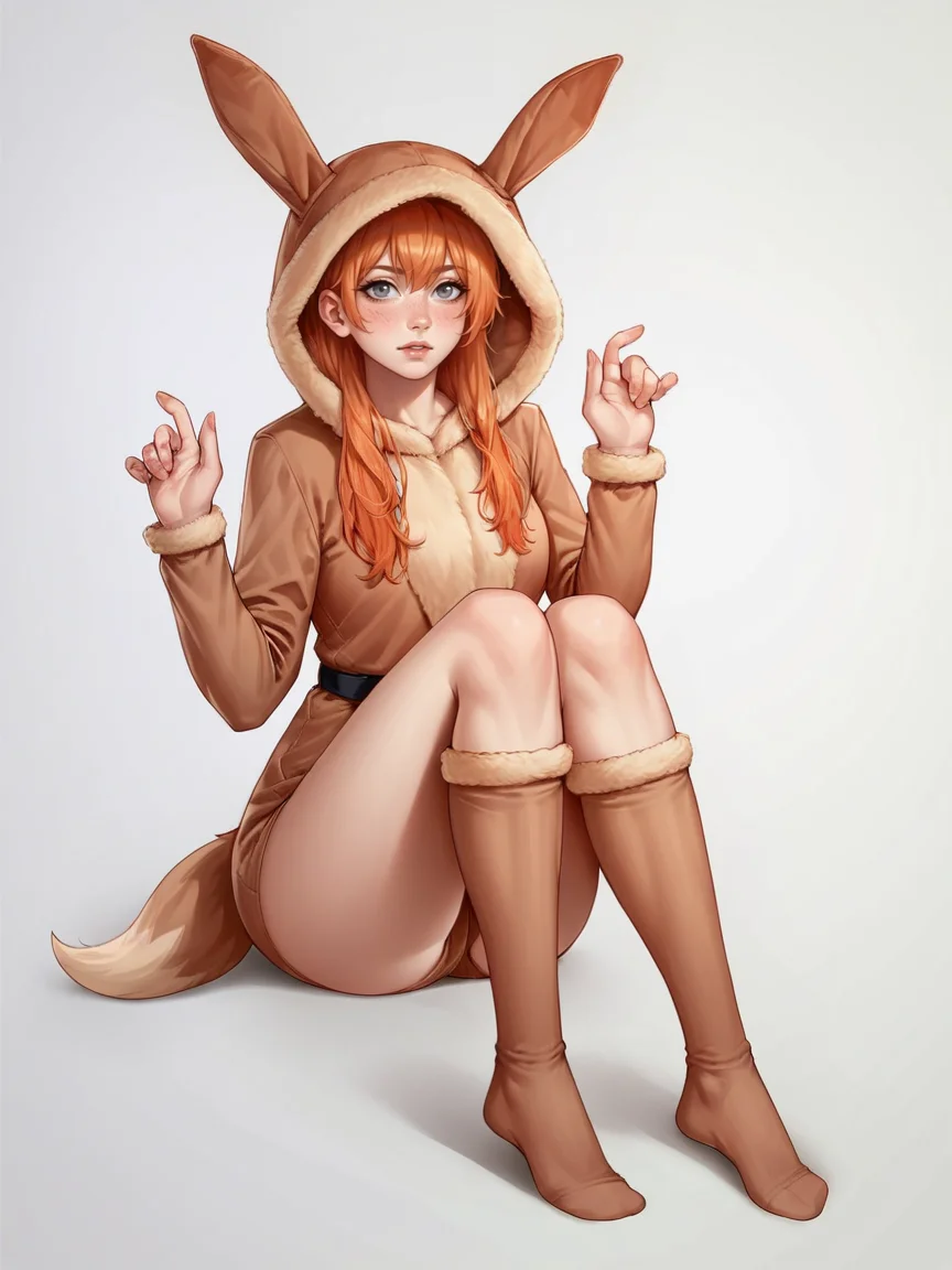 score_9, score_8_up, score_7_up, score_6_up, score_5_up, score_4_up, 1girl, <lora:33v33XLP:0.6> 33v33, onesie, ears, tail, knee high socks, hood up, ginger hair, long hair, curvy, source_anime,