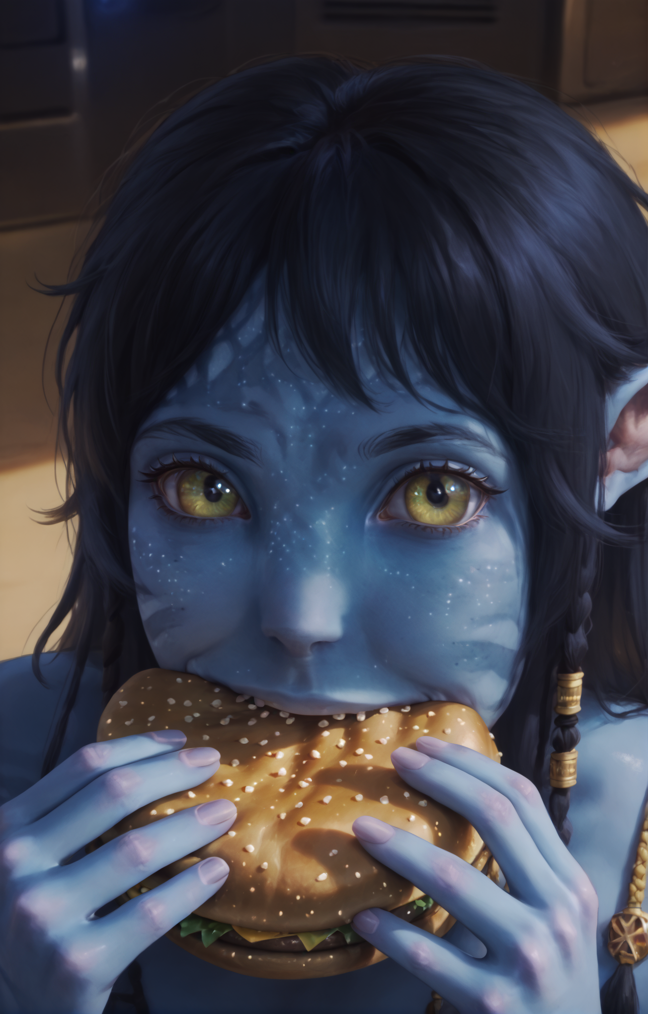 score_9, score_8_up, score_7_up, K1r1, portrait, 1girl, solo, close up, bestface, eating a burger, jermaWhopper, happy, eating, burger,  food in mouth, food on face, looking at you, upper body, blue skin, skin pattern, fang teeth, freckles, detailed, evenly lit, <lora:K1r1_epoch_16:1> <lora:jermawhopper-pdxl-nvwls-v1:1>