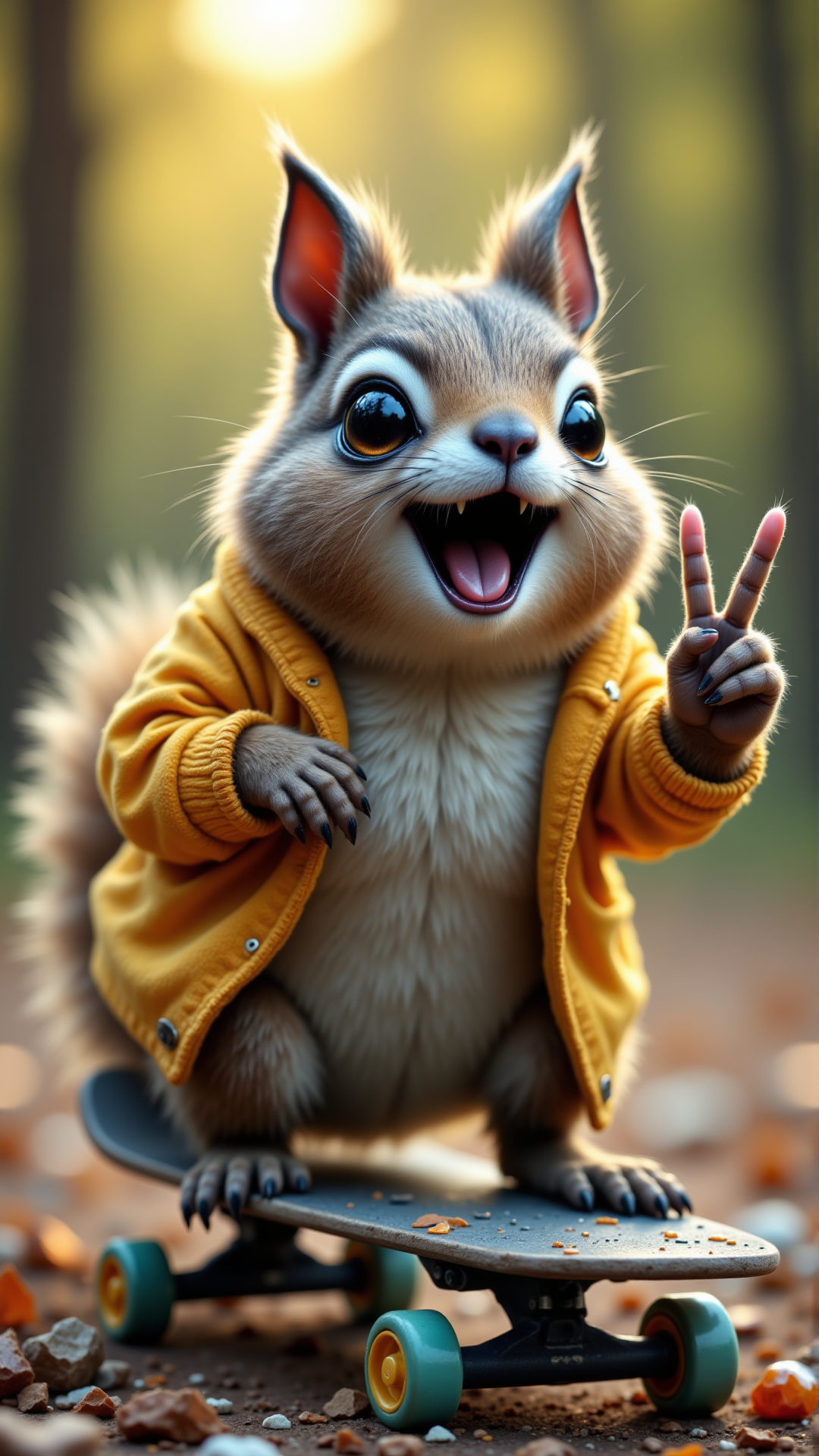 A squirrel riding a skateboard down a Bottle opener, wearing minerals and throwing up a peace sign.    aidmafluxpro1.1