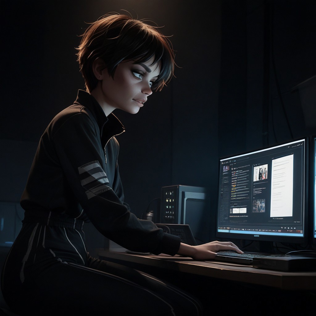 score_9, score_8_up, score_7_up, score_6_up, score_5_up, score_4_up, rating_questionable, 1girl, EvelynD, dark room, computers, tvs, black jumpsuit, short hair
