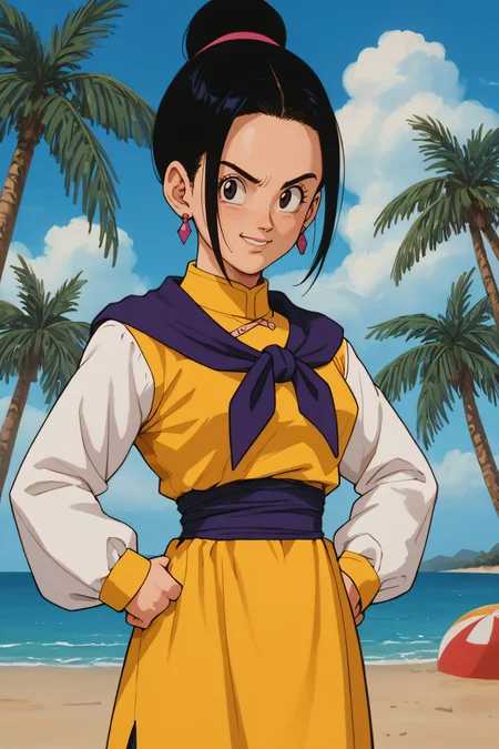 zPDXL3, <lora:chichi_pony_v2:.5>,
chi-chi, black hair, black eyes, sidelocks, hair bun, earrings, purple neckerchief, long sleeves, yellow dress, white sleeves, blue pants, purple sash, looking at viewer, serious, smiling, standing,hands on hips, outside, beach, palm trees, blue sky,