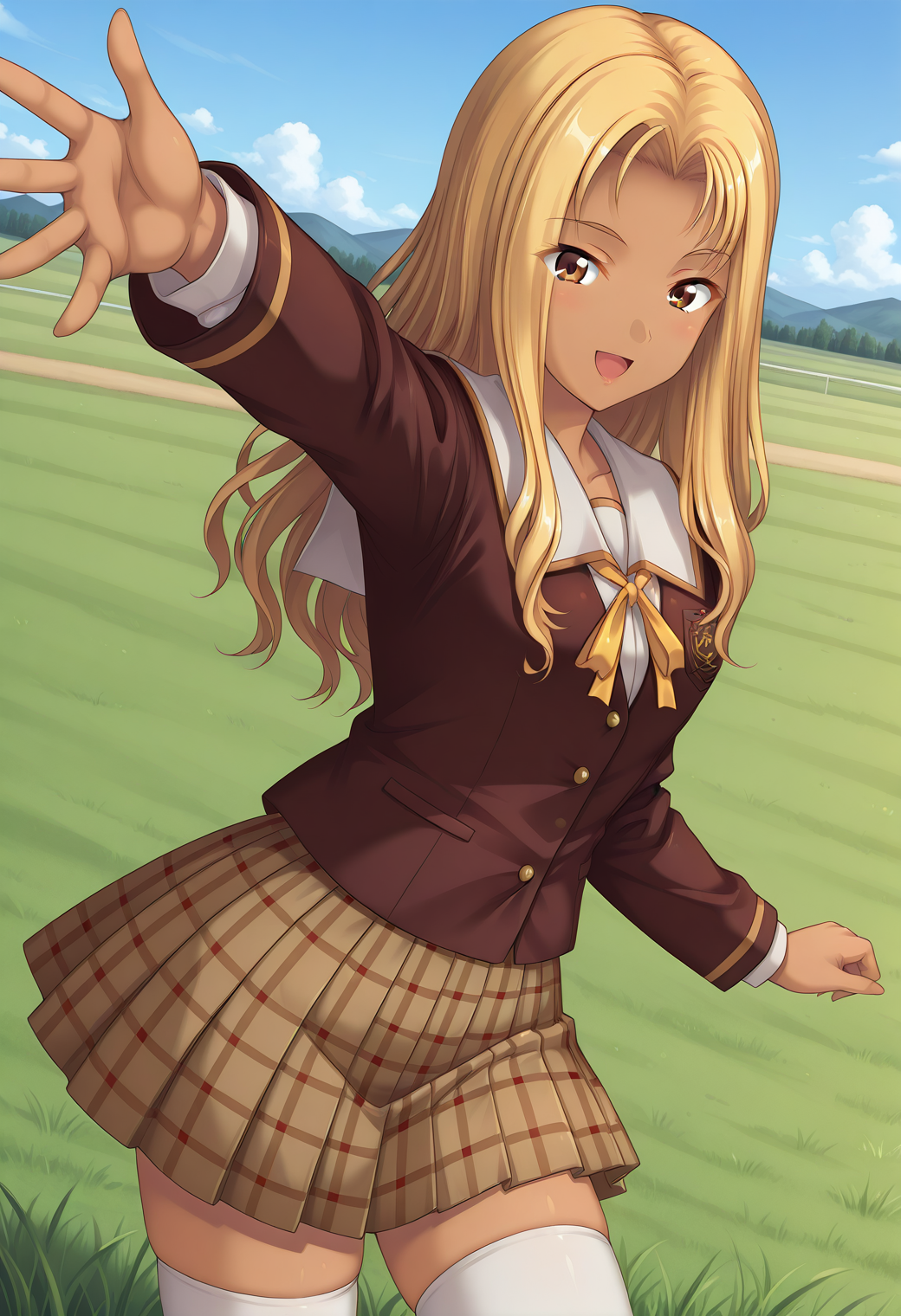kuon_kyoko, brown eyes, blonde hair, long hair, dark-skinned female, dark skin, school uniform, white sailor collar, brown jacket, long sleeves, plaid skirt, brown skirt, white thighhighs, zettai ryouiki, <lora:kuon_kyoko_illustrious_ver1:0.8> 
smile, open mouth,, masterpiece, best quality, very aesthetic, absurdres,, general,, 1girl, solo, blue sky, (grasslands:1.2), looking at viewer,, (cowboy shot, dynamic pose:1.4),
