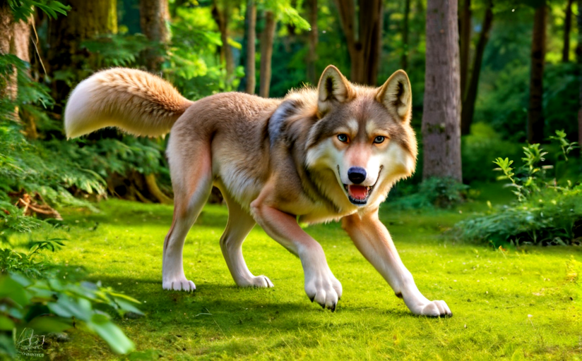 ultra realism, ultra high quality and object focus sharpness, 4K, 8K, HDR, realistic image with high quality, excellent resolution, clear, detailed and well-focused images, detailed and correct anatomy depicting the image ((wolf ) ) in the forest ,aggressive and threatening expression of the wolf,attacking pose,dynamics of the image,illumination golden hour,sunrays are passing through the leaves of the trees