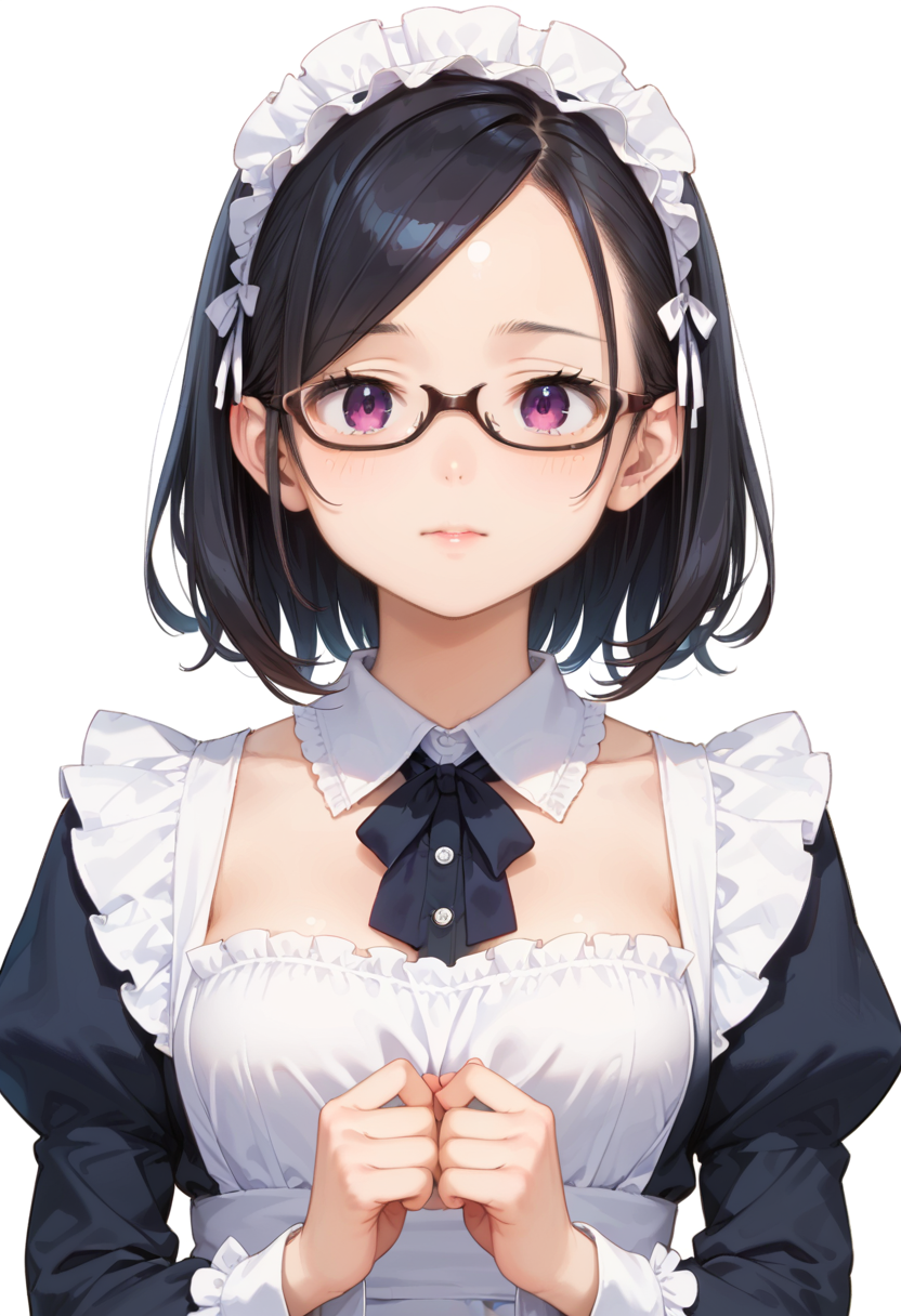 score_9, score_8_up, score_7_up, rating_safe, masterpiece, best quality, absurdres, unity 8k wallpaper, official art, official style, source_anime, uncensored, game cg, megami magazine,
1girl, solo, black hair, medium hair, upper body, covered eyes,maid, maid headdress, black dress, maid apron, face focus,
underrim_cell, glasses, still life, white background, simple background, under-rim eyewear, brown-framed eyewear, 
 <lora:glasses_underRimCell_PONY_V1:1>