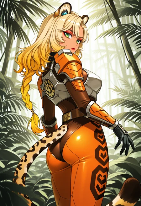 1girl, solo, sazervisuel, orange bodysuit, brown leotard, belt, armor, gauntlets, black gloves, xilonen, green eyes, slit pupils, blonde hair, animal ears, jaguar ears, jaguar tail, tan, gradient braid, single braid, long hair, makeup, turning head, looking at viewer, jungle,
best quality, very aesthetic, masterpiece,