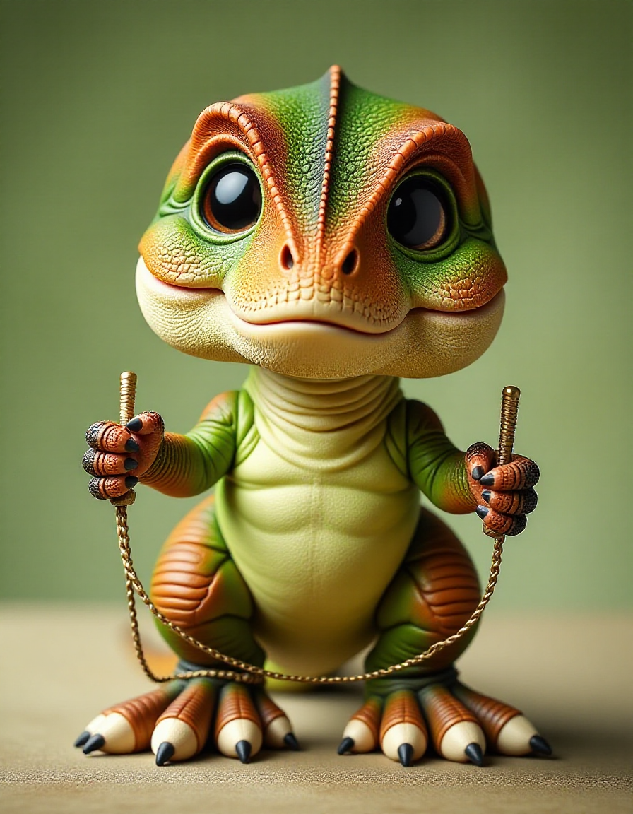 small zhibi t-rex, holding a jumping rope in his small arms, looking confused, looking sad <lora:zhibi_flux:1>