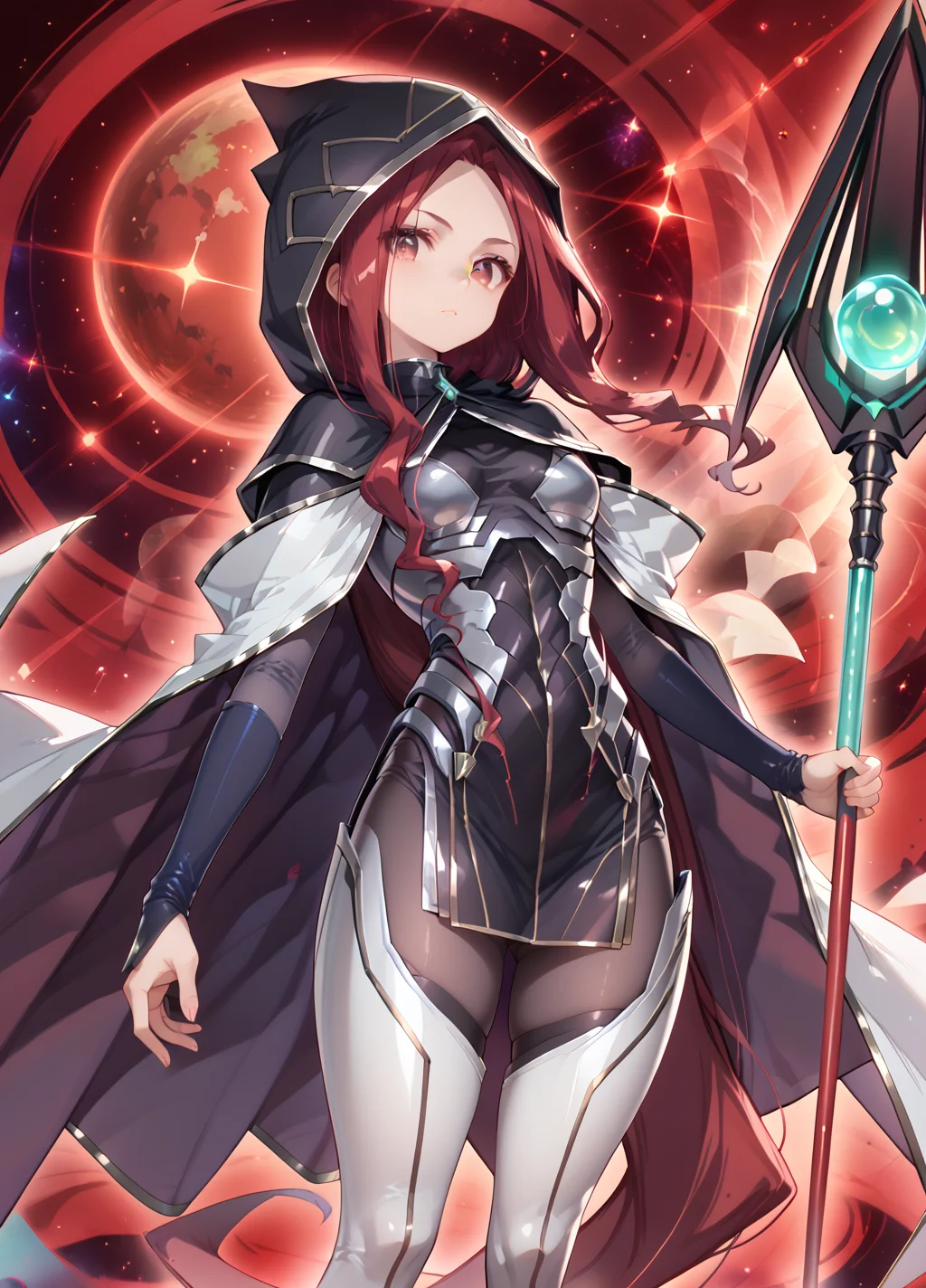 score_9_up, score_8_up, score_7_up, anime,high quality, cyberse witch,1girlï¼. lady, Tall Femaleï¼long hair under cape,red hair,red eyes, Breastplate,silver cape,red cape,Tights,thighhighs, , black hood,looking at viewer ï¼Bridal Glovesãholding staffãgreen staff.holding.solo, ,red space<lora:add-detail-xl:1> <lora:cyberse witch v13:1>