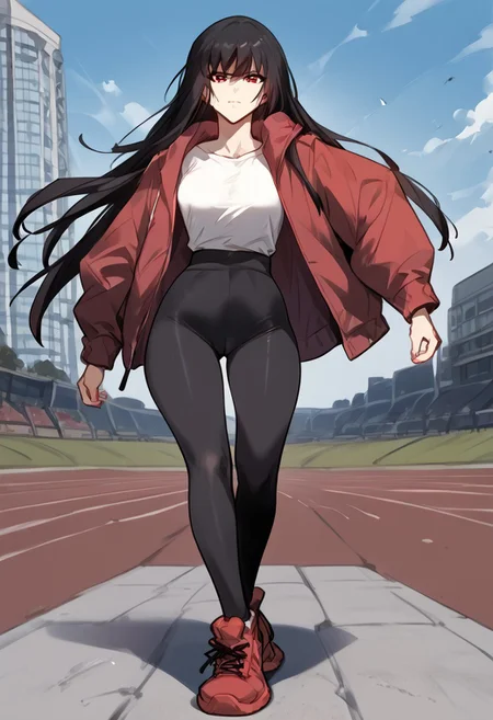 zPDXL3, score_9_up, score_8_up, score_7_up, (Anime_source), Sport camp background, score_9, score_8_up, score_7_up, score_6_up, source_anime, 1girl, solo, <lora:ainanasaki-pdxl-nvwls-v1-000005:1> 1girl, Feng Ling, red eyes, black hair, long hair, medium breast, looking at viewer, cowboy shot, toned, looking at you, portrait, white shirt, prostetic left arm, tights red sport shorts, sneakers, looking at viewer, outdoor, solo, full body, standing, dynamic pose,
