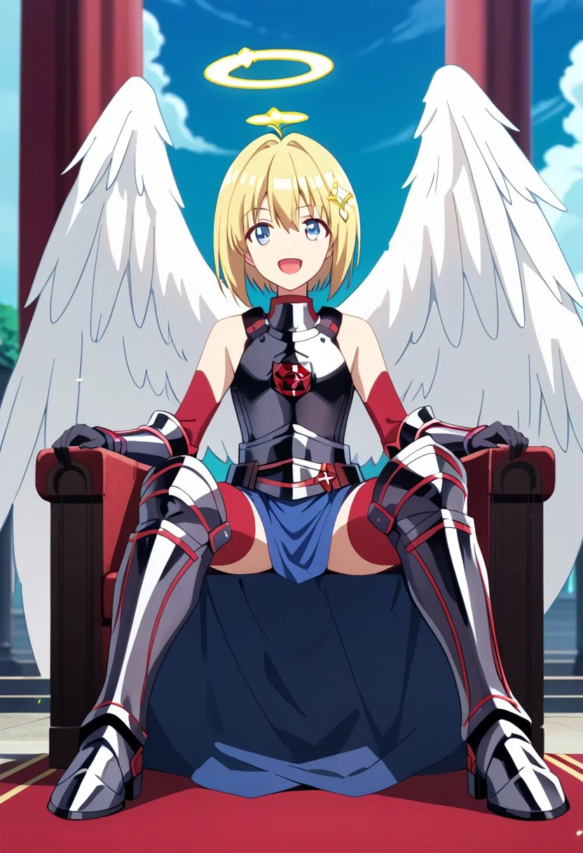 score_9,score_8_up,score_7_up,source_anime,Kaede Honjou (Loving Sacrifice),1girl,solo,looking at viewer,smile,open mouth,hair ornament,gloves,thighhighs,bare shoulders,sitting,:d,boots,wings,sky,black gloves,cloud,armor,halo,parody,feathered wings,angel wings,white wings,angel,armored boots,greaves,throne,