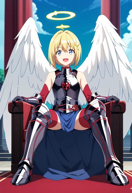 score_9,score_8_up,score_7_up,source_anime,Kaede Honjou (Loving Sacrifice),1girl,solo,looking at viewer,smile,open mouth,hair ornament,gloves,thighhighs,bare shoulders,sitting,:d,boots,wings,sky,black gloves,cloud,armor,halo,parody,feathered wings,angel wings,white wings,angel,armored boots,greaves,throne,