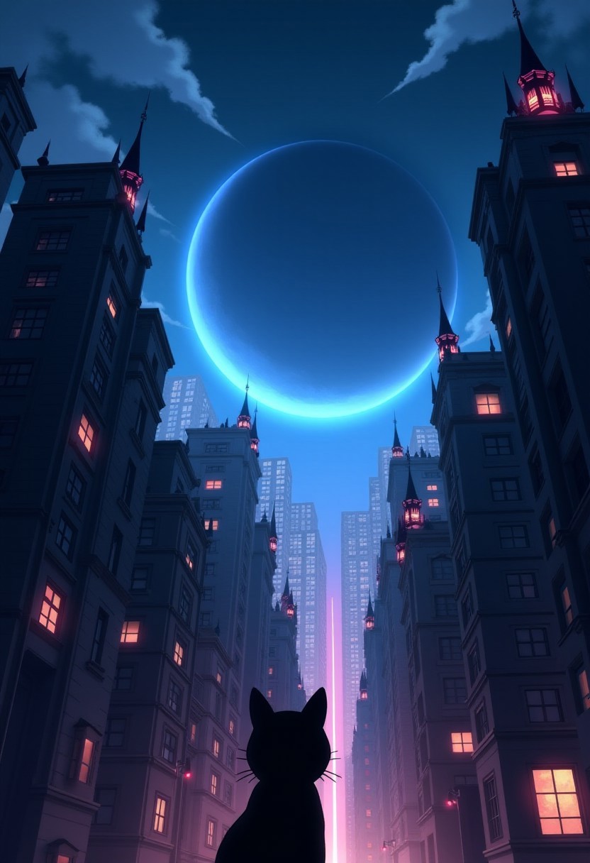 High quality, high resolution, high definition,
A magical city with faint neon lights on the skyscrapers, a planet emitting blue light, with the view from behind a cat looking down at the city, anime style