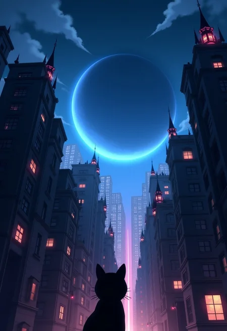 High quality, high resolution, high definition,
A magical city with faint neon lights on the skyscrapers, a planet emitting blue light, with the view from behind a cat looking down at the city, anime style
