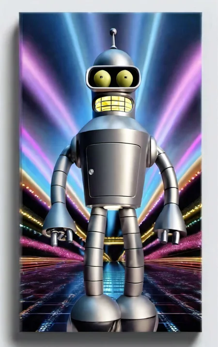 A photo of a robot partying at the disco, shiny reflective metal, benderbot <lora:SDXL-benderbot-Lora:1.0>, very detailed, clean, high quality, sharp image