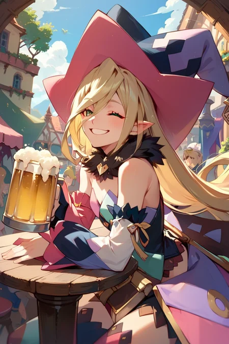 score_9, score_8_up, score_7_up, very aesthetic, source_anime, detailed, high quality, beautiful, masterpiece, detailed eyes,
tavern
<lora:lightXL:0.8>
drinking beer, happy, eyes closed, grin,
dynamic angle,
<lora:magilou_autismConfetti_v01:0.95>
magilou \(tales\), blonde hair, very long hair, green eyes, hair between eyes, pointy ears,
bare shoulders, hat, mismatched sleeves, asymmetrical sleeves, detached sleeves, fur collar, fur-trimmed collar, mismatched legwear, asymmetrical footwear, mismatched footwear, strapless,, zPDXL