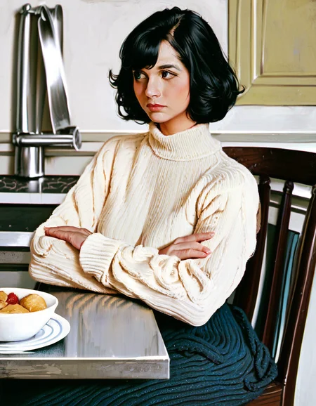 score_9, score_8_up, score_7_up, score_6_up, score_5_up, score_4_up, norman rockwell style BREAK 1girl, solo, sitting on chair at kitchen table, shoulder-length hair, bangs, black hair, long sleeve sweater, long skirt, arms crossed, medium close up, cinematic, looking to the side