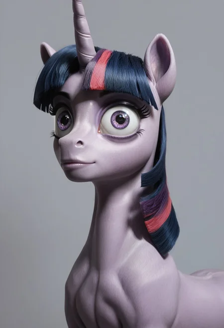 score_9, score_8_up, score_7_up, score_6_up, score_5_up, score_4_up, Realistic, solo, slender, slim, twilight sparkle, no humans, horn, unicorn, horse, pony, female, mare, unicorn, calm, unkempt mane, rear view, looking back, looking over shoulder, smirk, (fur:0.9), big eyes, realistic, photo, detailed, beautiful, small eyes, realistic eyes, c1op1c1an, face focus, eyes popping out