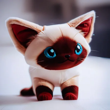score_9, score_8_up, score_7_up, pikaole, no humans, animal focus, (Siamese cat:1.05), fur, full body, solo, blurry background, (plush doll:0.8), cute, rating_safe, source_furry, pikaole, source_photorealistic