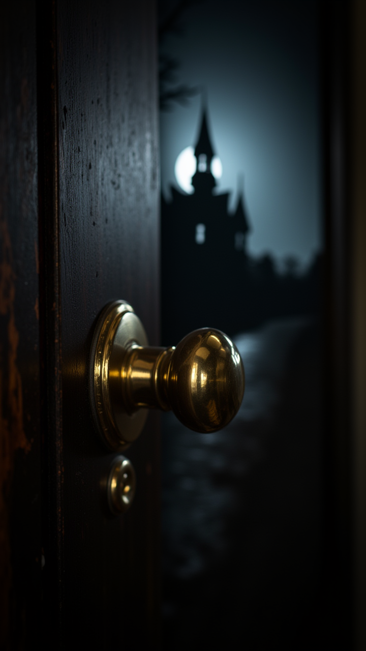 A polished brass doorknob, reflecting the image of a spooky haunted house lit by the pale moonlight.   , aidmaHyperrealism