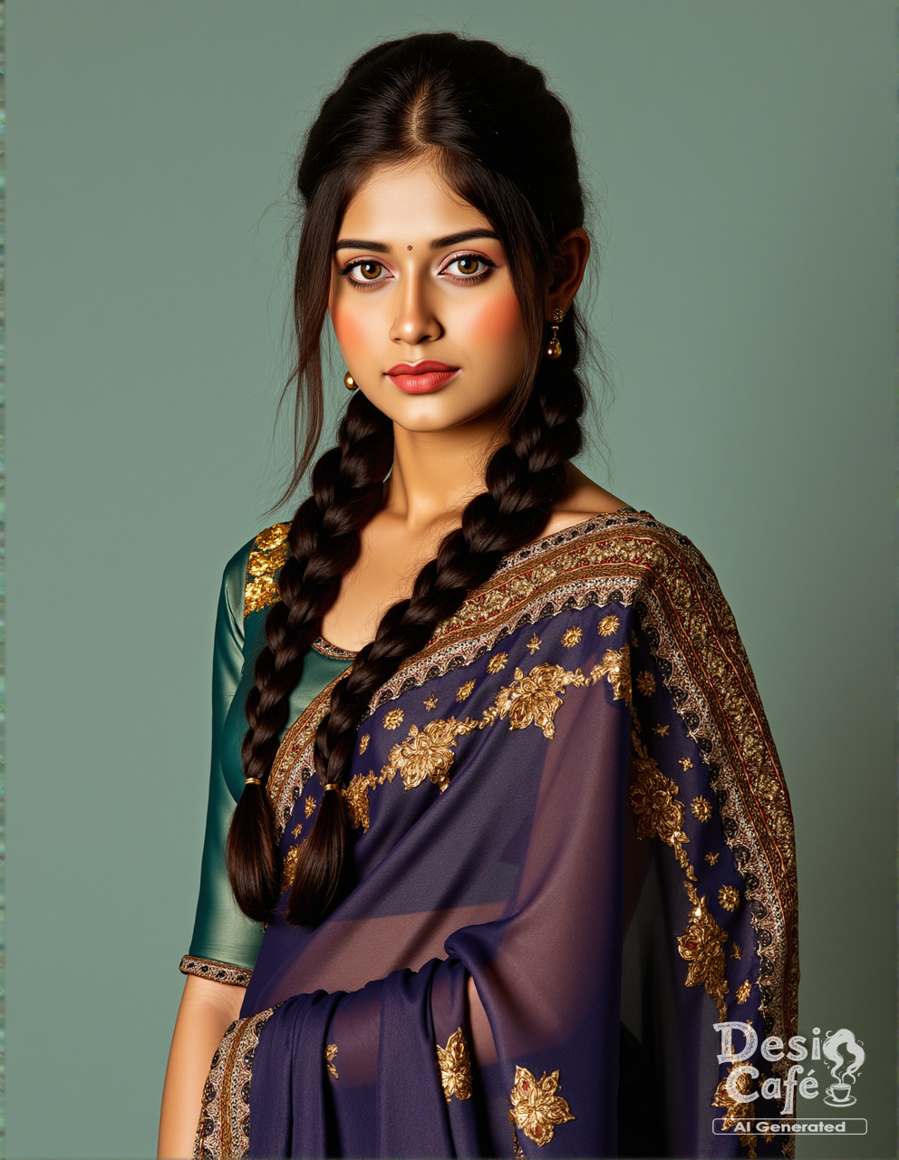 cowboy shot photo of j4nn4t zub41r woman, hyper realistic photo that is safe for work, power pose, studio quality image with natural colors, well dressed wearing intricate long sleeved Sapphire Bomkai Saree (Odisha traditional saree), hair styled as  french plait,muted pastel shaded multicolored background that contrasts with the person, cinematic lighting,âââââ    <lora:j4nn4t_zub41r_Jannat_Zubair_Flux_Kohya_V1:1>âââ