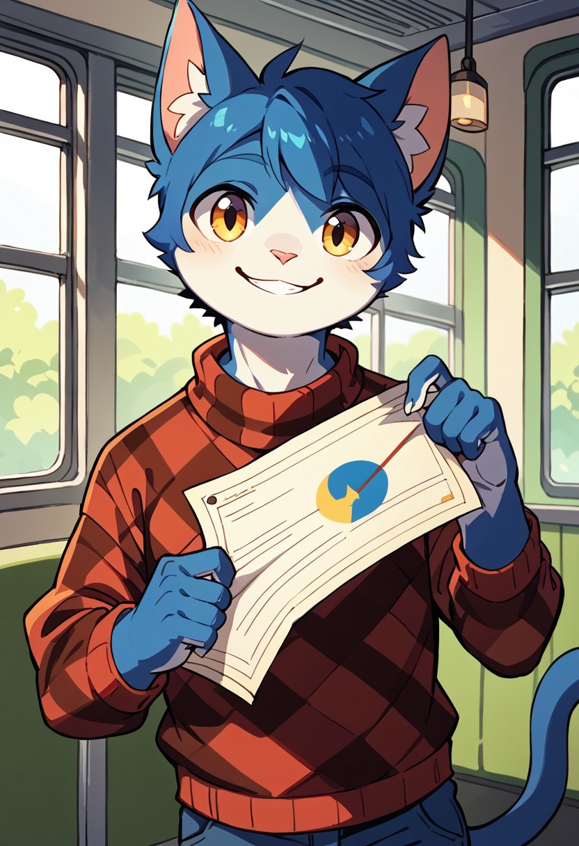 score_9, score_8_up, score_7_up, male, solo, 1boy, cute, rover, anthro cat, plaid sweater, on train, holding map, looking at viewer, smiling