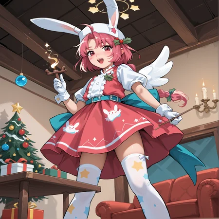 PonyScores7, source_anime, ah1, 1girl, lips, bad-hands-5, <lora:xl_more_art-full_v1:0.2>, <lora:shinyskin2:0.2> glistening skin, <lora:aesthetic_anime_v1s:0.2>, <lora:Expressive_H:0.2> Expressiveh, <lora:hairdetailpxl:0.2> hairdetailpxl, <lora:EpicF4nta5yXL:0.2>, <lora:detailxl:0.2> detailxl, <lora:Fant5yP0ny:0.2>, best quality, amazing quality, best aesthetic, absurdres, <lora:expressive eyes:0.2> expressive eyes, <lora:eyedetailpxl:0.2> eyedetailpxl, illustration, Volumetric_Lighting, ultra-detailed, very aesthetic, intricate details, 8k, masterpiece, best_quality, (horny, open mouth), (Low angle (from behind) view Extreme Close shot (focus on waist)), (Dining Room, Elegant setting with a long wooden table set with fine china and silverware, a centerpiece of fresh holly and pine branches, candlesticks casting a warm glow, a beautifully decorated Christmas tree standing in the corner with presents stacked underneath, and the aroma of a holiday feast wafting from the kitchen), (Opening the Gates to Other Realms), <lora:Eyes_High_Definition:0.3> EyesHD, looking at viewer,  Stable_Yogis_PDXL_Positives, AS-Adult, <lora:nakahara_komugi_pony_v1:0.8> nakahara_komugi, pink hair,hat, animal ears, braid, pink eyes, ahoge, long hair, rabbit ears, wings, star print, jewelry, star (symbol), dress, white gloves, stickers, zettai ryouiki, print thighhighs, winged footwear,