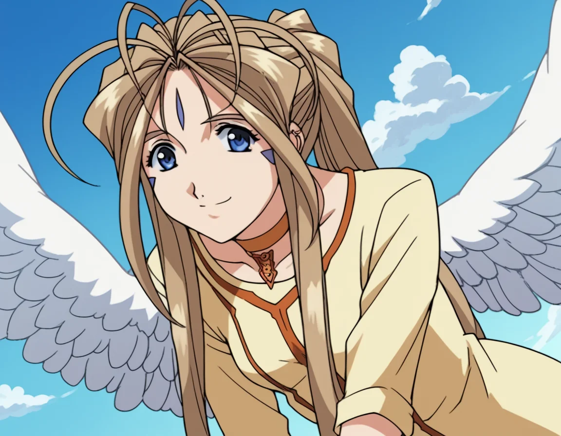 score_9, score_8_up, score_7_up, source_anime,
belldandy, <lora:belldandy-s2-ponyxl-lora-nochekaiser:1>,
belldandy, long hair, blue eyes, brown hair, facial mark, forehead mark,
gloves, wings, choker, fingerless gloves, bracelet, ring, feathers, angel wings,
sky, blue sky, clouds, bent over, smile,
cowboy shot, solo, dutch angle, looking at viewer,