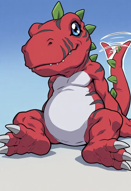 masterpiece,best quality,amazing quality, ultra high detail, good anatomy, perfect anatomy, anatomically correct hands, ultra detailed face, solo, , handsome, male only, Tyrannomon, Tyranomon, Digimon, Digital, Monster, red body, green spines, blue eyes, white belly on just tyrannomon, feral, buff, male only, tail in view, wagging tail, sitting, grinning