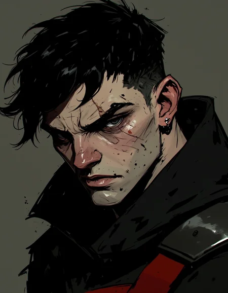 Ev Ganin style. This is a digital drawing of a young adult male with a striking, intense expression. The artwork is rendered in a dark, gritty comic book style with a muted color palette dominated by shades of black, dark grey, and a hint of red. The subject has short, dark hair with a receding hairline, and a sharp jawline accentuated by prominent cheekbones. <lora:Ev_Ganin:1.0>