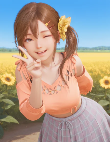 1girl, smile, leaning forward, arms behind back, wink, open mouth, upper teeth only, sparkle, v, hand on own face, field, flowers, blue sky, sunny, realistic,
<lora:Misaki_vvp_lcd_v0.3:1> misakivvplcd, yellow scrunchie, hair clips, side ponytail,
mainvvp, midriff, topknot, plaid skirt,
masterpiece, best quality, amazing quality,