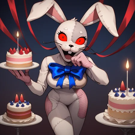 score_9,score_8_up,score_7_up,score_6_up,source_anime,rating_questionable, 1girl,solo, cowboy shot, giant birthday cake, emerging from cake, red ribbons outfit, wrapped in red ribbons, <lora:Vanny_-_FNAF:0.8> vanny_fnaf, rabbit costume, red eyes, furry, stitches, blue bow,, zPDXL2,