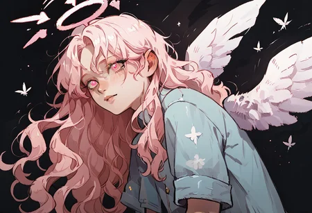 ((score_9, score_8_up, score_7_up)), (((angel, iridescent eyes, serene, beautiful, toned body, pink wavy hair, halo of light, white feathery wings, dynamic pose, dynamic angle))), vibrant colors, Expressive brush strokes, Detailed art style, Vibrant colors, ng_deepnegative_v1_75t, aid291, easynegative, w4t3rc0l0ur