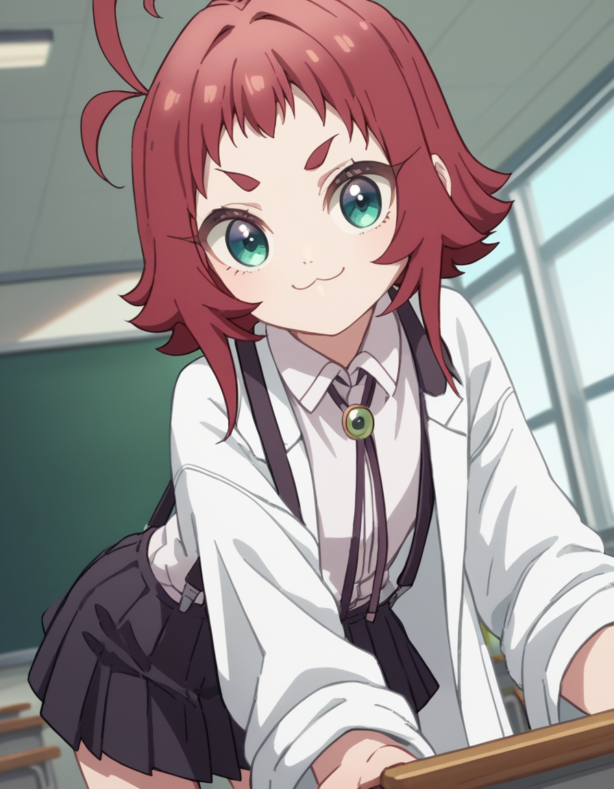 score_9, score_8_up, score_7_up, source_anime,
kusuriyakuzen, <lora:kusuri-yakuzen-s1-ponyxl-lora-nochekaiser:1>,
kusuri yakuzen, green eyes, red hair, antenna hair, ahoge,
short hair, white shirt, pleated skirt, collared shirt, black skirt, neck ribbon, suspenders, labcoat, suspender skirt, female child,
indoors, classroom, bent over, smile,
looking at viewer, cowboy shot, dutch angle, solo,