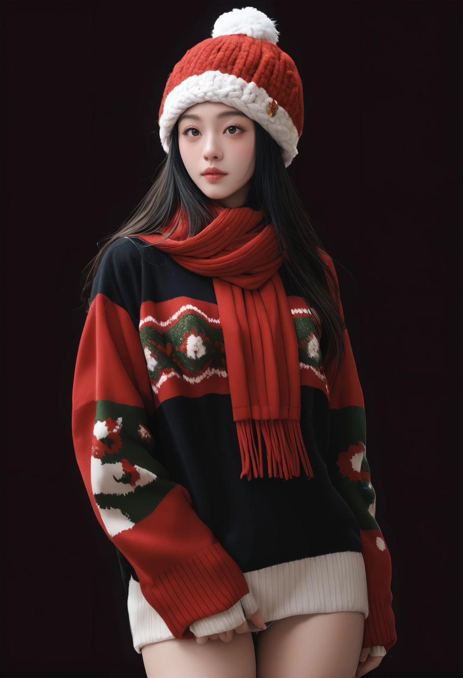 1girl,black background,,ruanyi1386,beanie,multicolored clothes,red scarf,christmas,standing,thigh gap,sweater,<lora:1386 christmas_v1_pony:1>, score_9,score_8_up,score_7_up,,8k,solo,,
