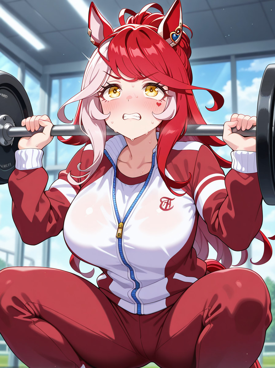 masterpiece, best quality, amazing quality, very aesthetic, absurdres, newest,shiny skin,, anime screenshot,  anime coloring, ,
 <lora:LovesOnlyYou:0.9>1girl, solo, animal ears, horse ears, , yellow eyes, horse girl, horse tail, , multicolored hair, red hair  heart tattoo, tracen training uniform, weightlifting, squatting, sweat,  clenched teeth,  red_pants