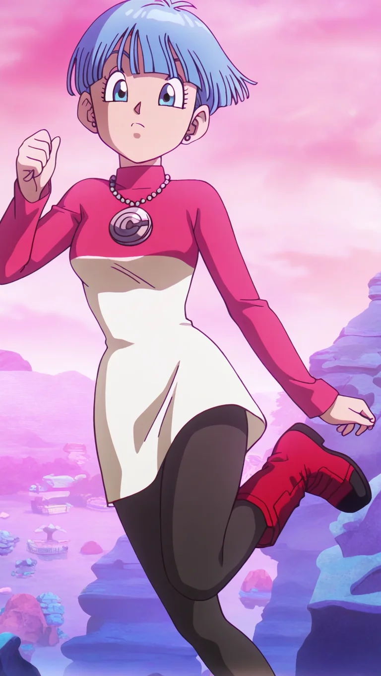 source_anime, masterpiece, best quality, amazing quality, anime screencap, high quality, 8k, absurdres, official style, 1girl, solo, looking at viewer, <lora:Bulma_Daima_iL:1>, bulm4 b513fs daima, short hair, blue eyes, blue hair, dress outfit, dress, jewelry, pantyhose, boots, necklace, turtleneck,