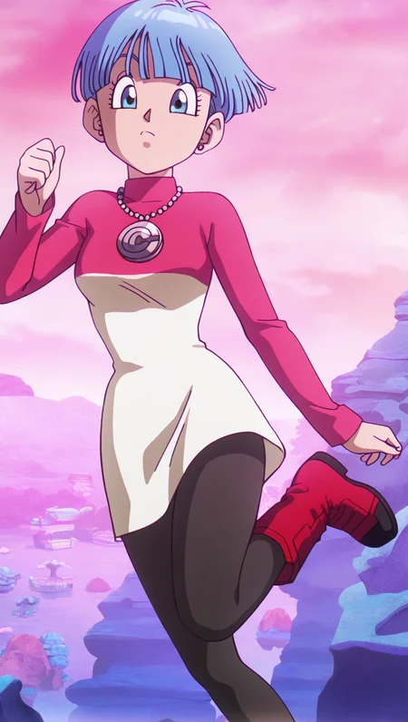 source_anime, masterpiece, best quality, amazing quality, anime screencap, high quality, 8k, absurdres, official style, 1girl, solo, looking at viewer, <lora:Bulma_Daima_iL:1>, bulm4 b513fs daima, short hair, blue eyes, blue hair, dress outfit, dress, jewelry, pantyhose, boots, necklace, turtleneck,