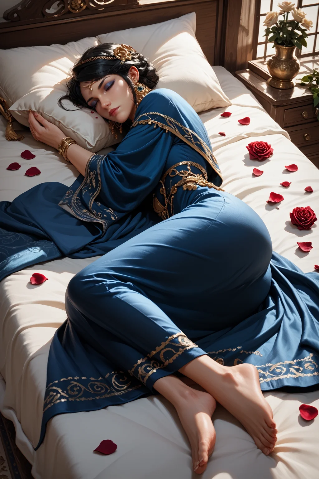 score_9, score_8_up, score_7_up,
<lora:TKZafina:0.8>
TKZafina, 1girl, black hair, brown eyes, jewelry, looking at viewer, sleeping in a bed, rose petals, closed eyes, full body