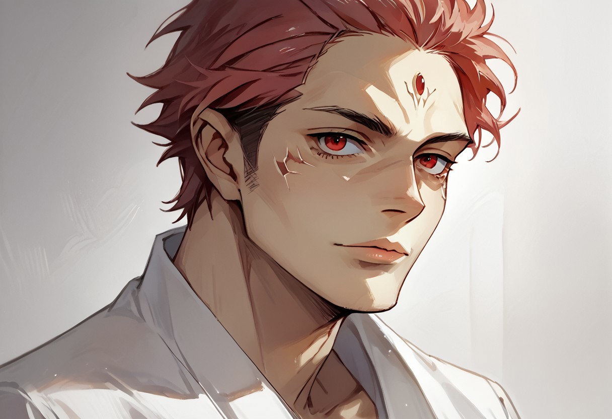 score_9, score_8_up, score_7_up, score_6_up, score_5_up, score_4_up, source_anime, traditional art, line art, rating_safe, zPDXL, clear red eyes, looking at viewer, eye contact, (4k quality, masterpiece):1.4),(best quality:1.1), dark fantasy, high quality eyes, sharp eyes, 1 character, 1 men
((mature and imposing 1 men, Sukuna, JJK, red eyes, red hair, white robe))