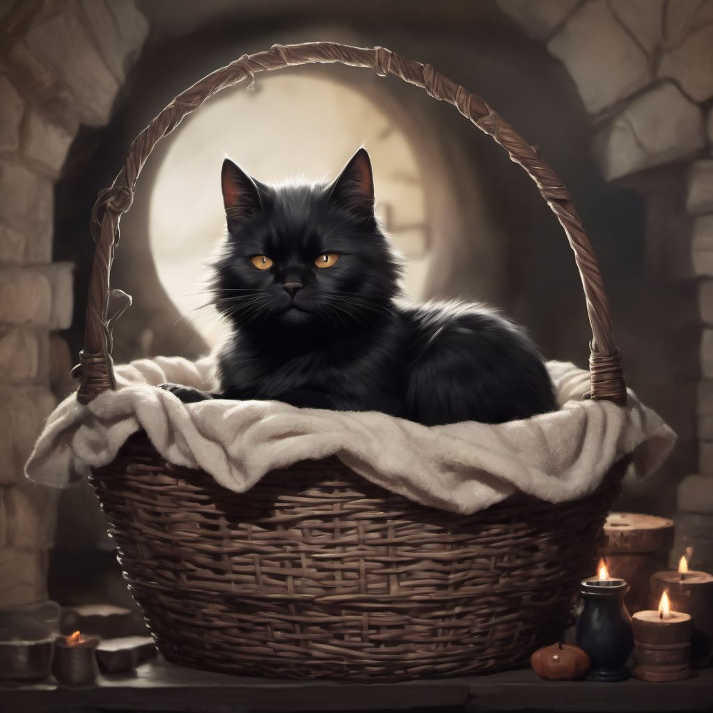 black cat in a basket, sleeping, night, peaceful, magical workshop, cauldron, potions, fireplace, comic style,