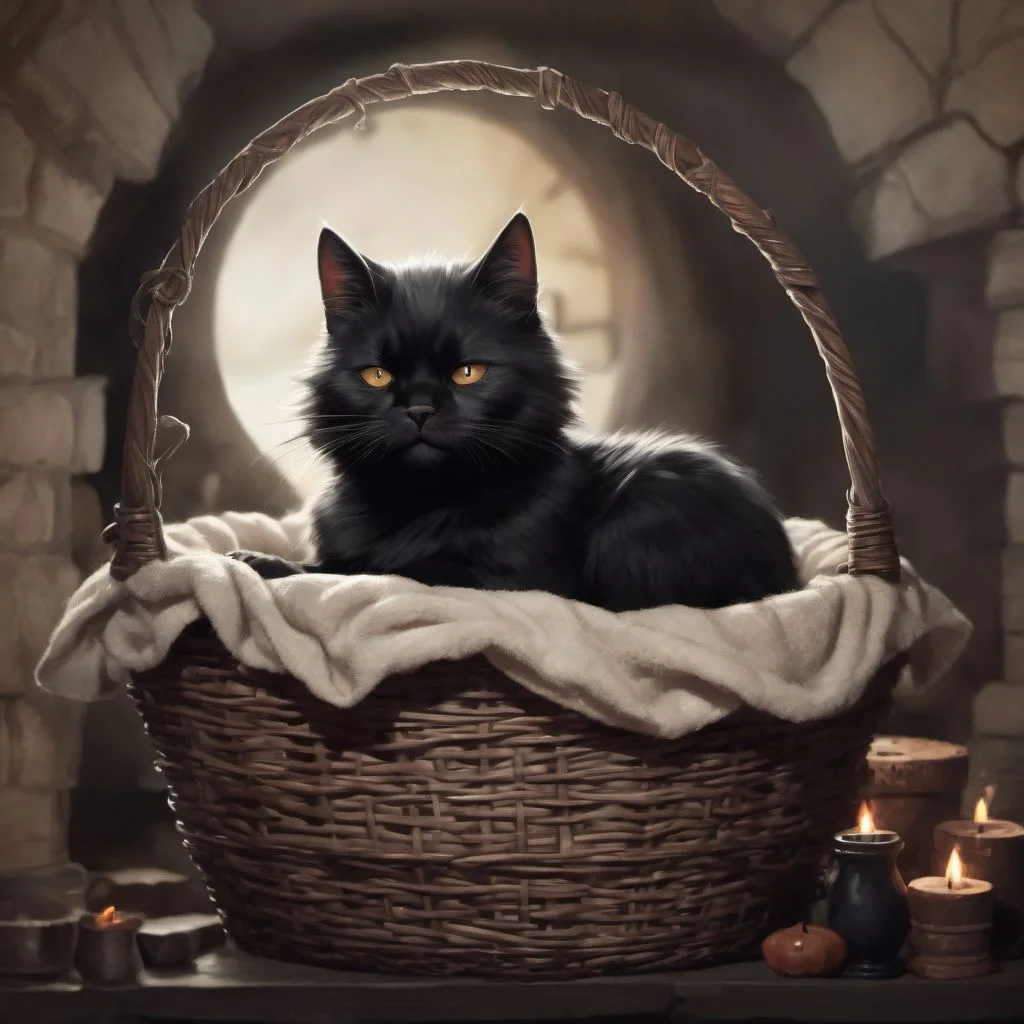 black cat in a basket, sleeping, night, peaceful, magical workshop, cauldron, potions, fireplace, comic style,